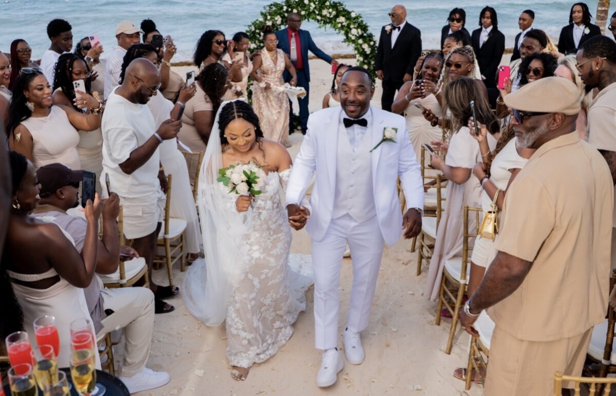 Nakia and Johnathan Johnson destination wedding reception at Riu Aquarelle Runaway Bay Jamaica