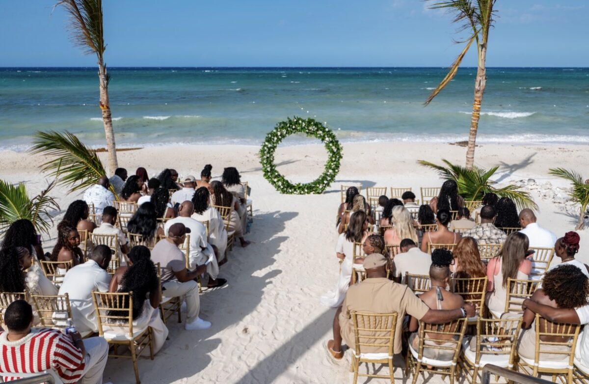 Destination wedding ceremony setup on the beach at Riu Aquarelle Jamaica