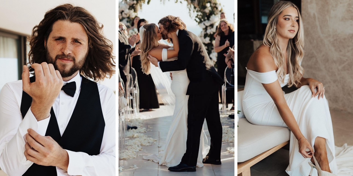 Groom getting ready and newlywed couple sharing a first kiss at a budget-friendly Caribbean destination wedding venue